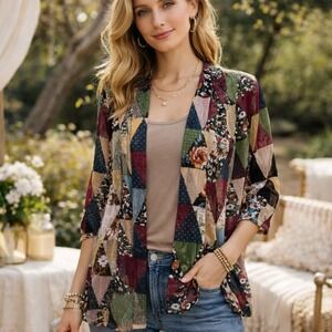 Ali‎ Miles Womens Top PM Patchwork Floral Geometric Sheer Cover Up Boho Country